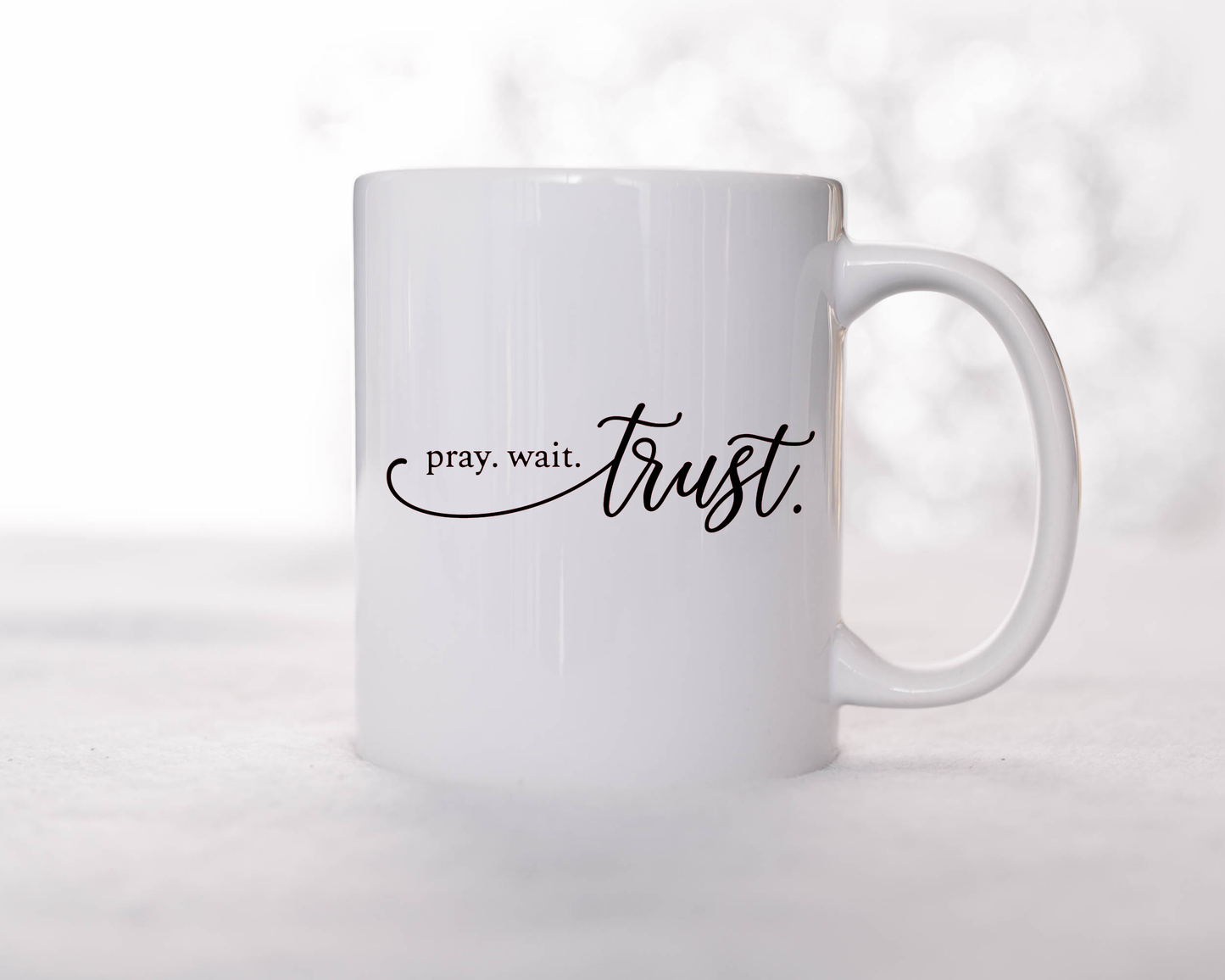 Pray Wait Trust Faith Coffee Mug - Two Anointed Hands