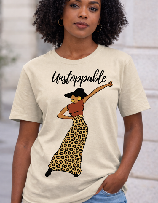 Unstoppable Woman Graphic Tee — Empowerment Leopard Dress Crew Shirt