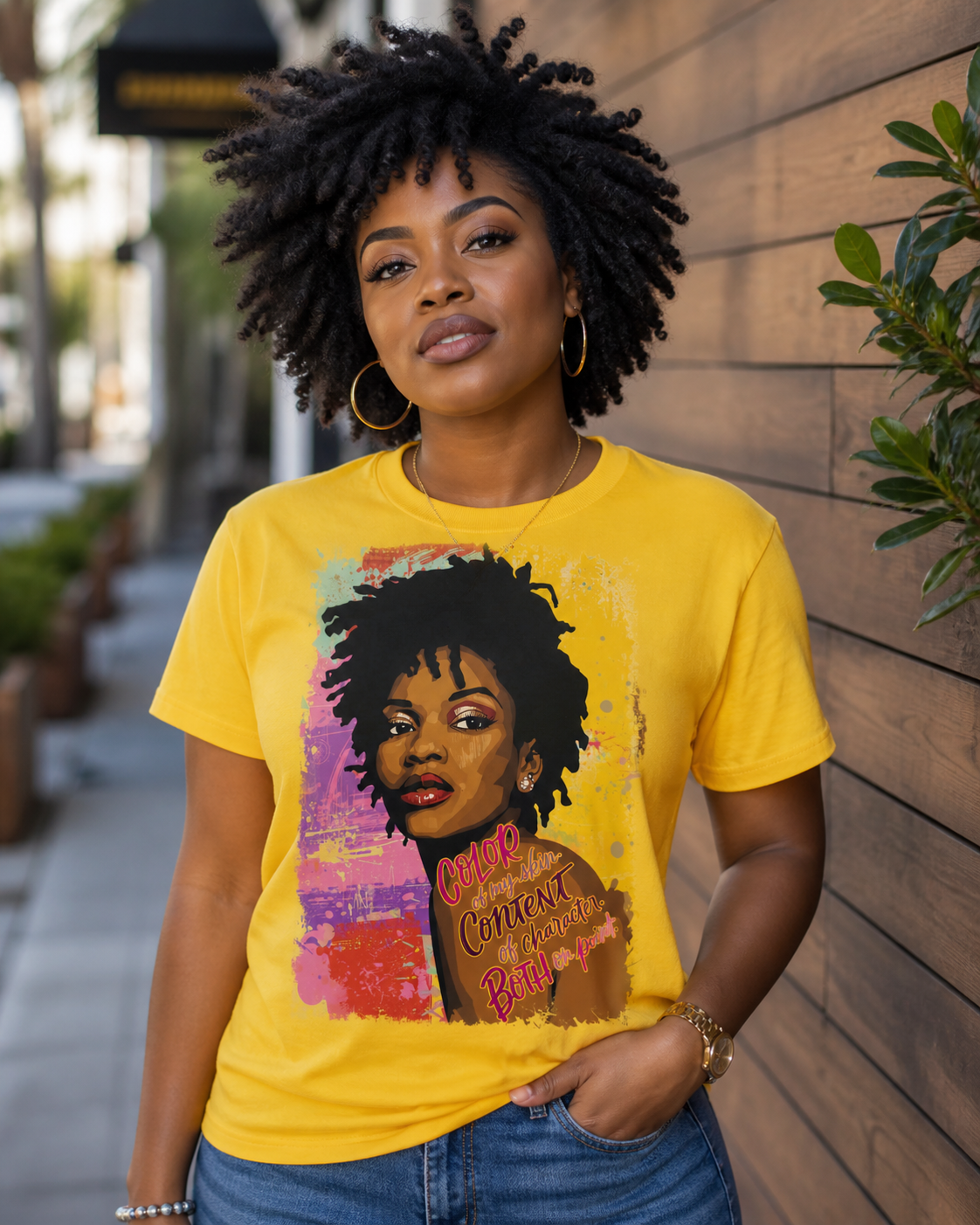 Graphic Tee Design Black Woman Illustration Natural Hair Art Empowerment Shirt Cultural Pride Clothing Inspirational Message Fashion Colorful Artistic Details Confidence Building Apparel Self Worth Celebration Statement Wear Casual Style