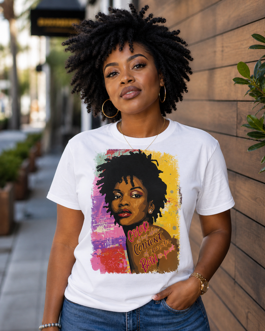 Black Woman Empowerment Shirt Natural Hair Celebration Graphic Tee Colorful Artistic Design Inspirational Quote Message Cultural Identity Pride Clothing Confidence Building Fashion Statement Casual Wear Beautiful Illustrated Art Self Worth