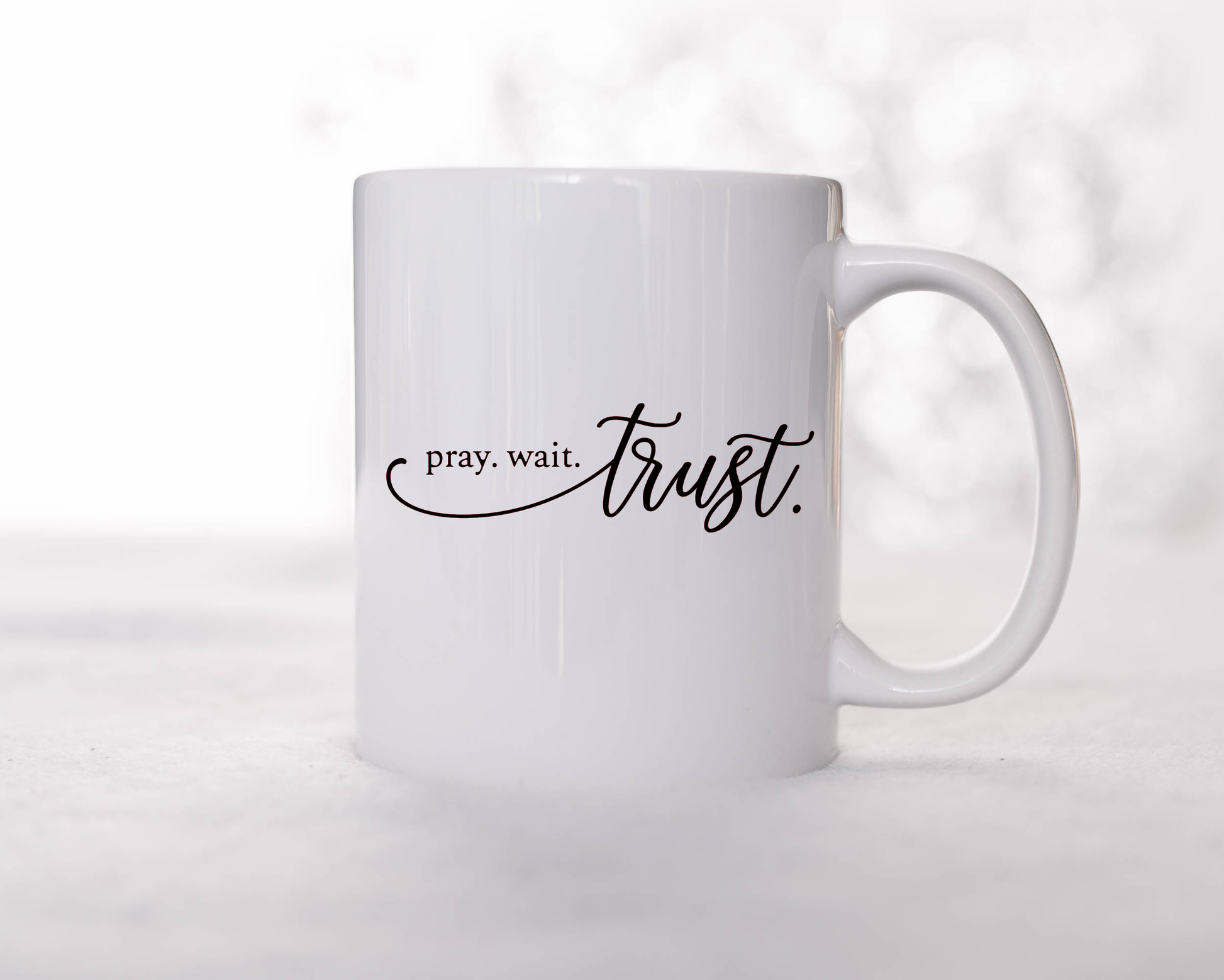 Pray Wait Trust Faith Coffee Mug - Two Anointed Hands
